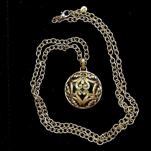 BARSE Bronze and Black Onyx Scroll Filigree Pendant Necklace - Picture 1 of 9